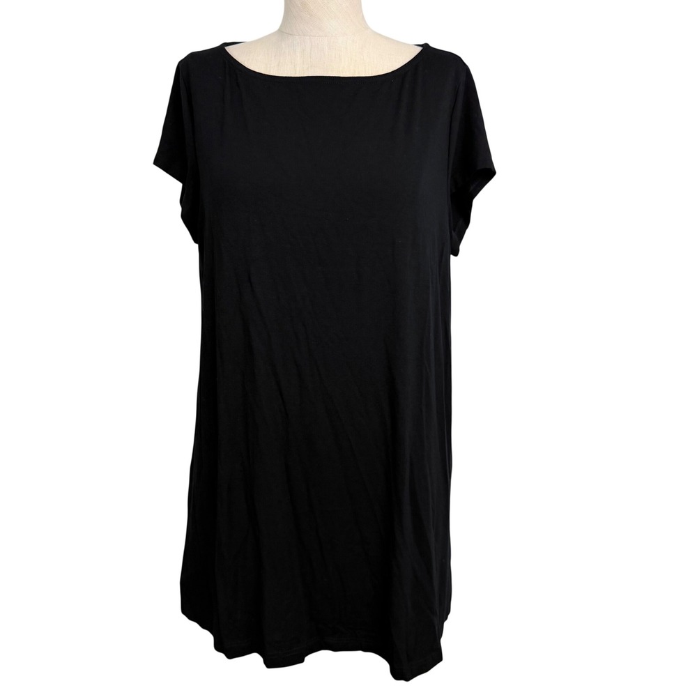 Eileen Fisher Womens Black Viscose Spandex Boat Neck Short Sleeve Tunic/Dress L